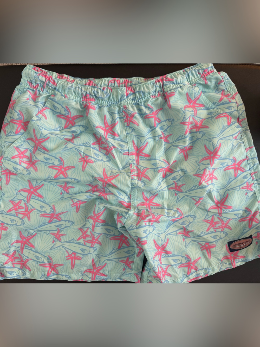 Men’s Vineyard Vines Chappy Mint Green Swim Shorts with Pink Starfish size L